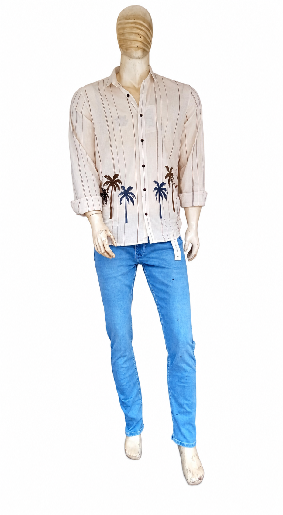 Men's Beige Palm Print Casual Striped Shirt