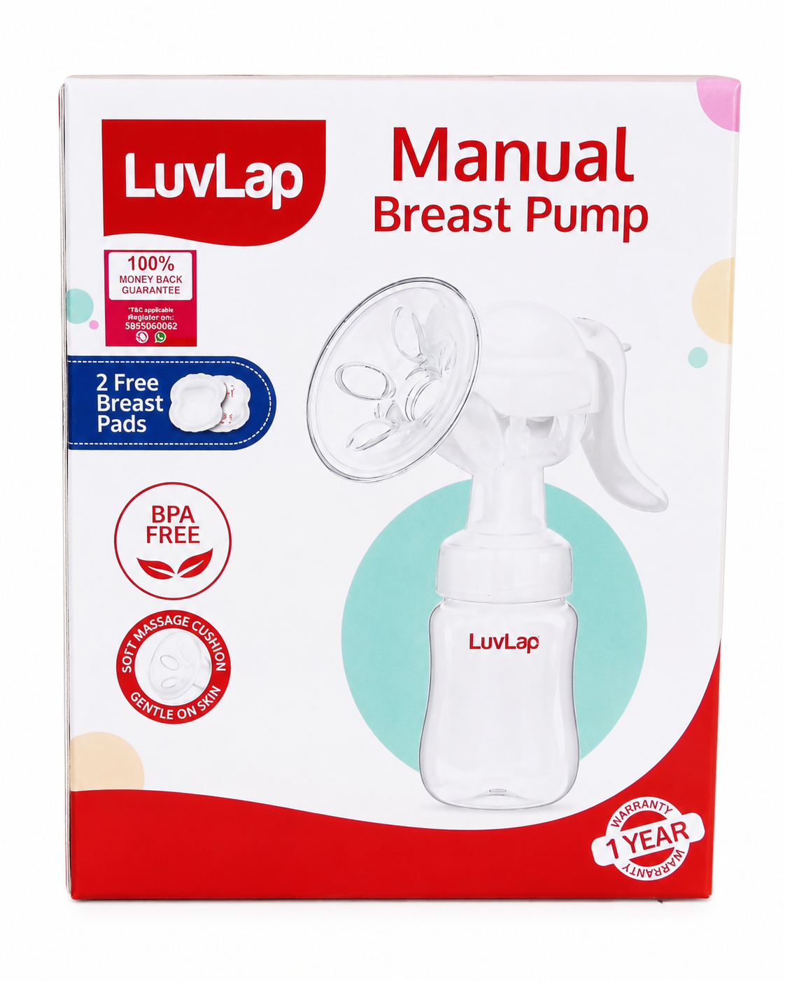 LuvLap Manual Breast Pump with Soft Massage Cushion & Breast Pads