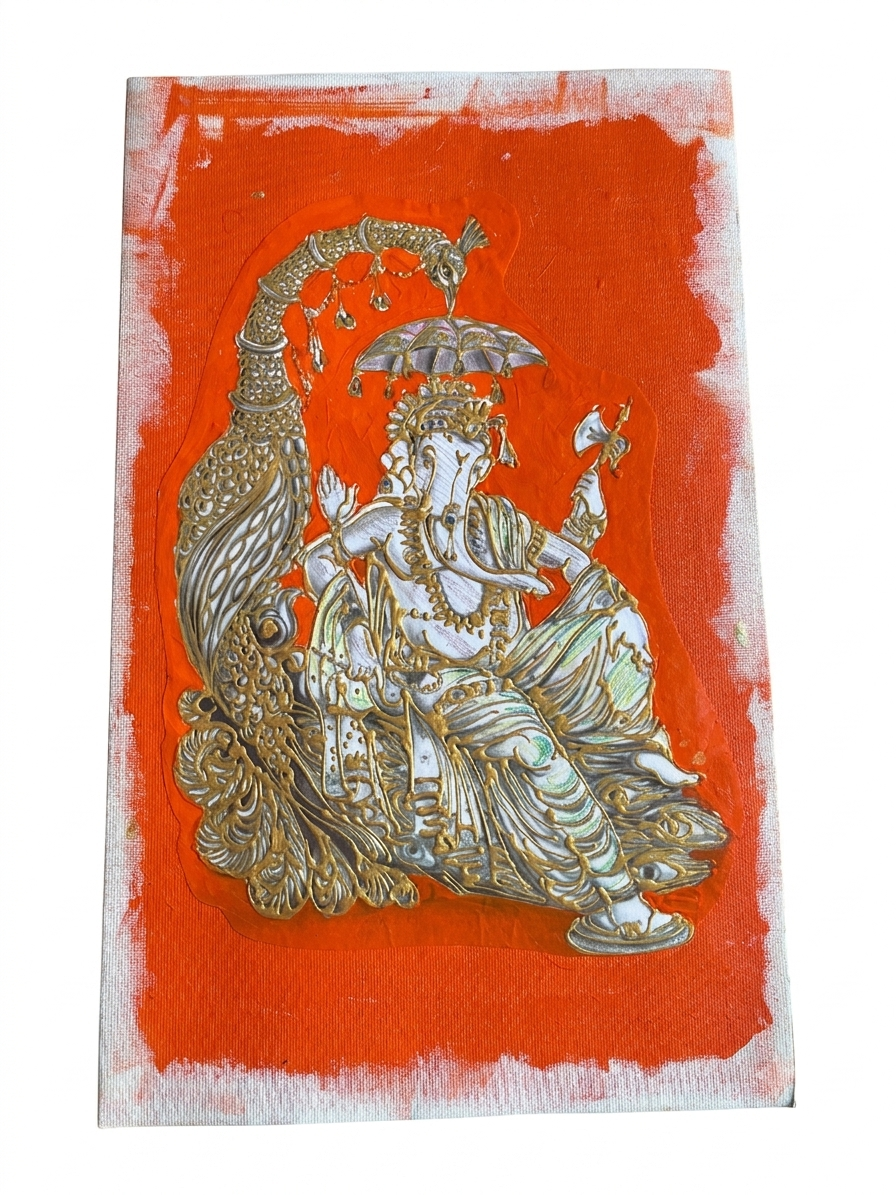 Metallic Relief Painting of Lord Ganesha with Peacock