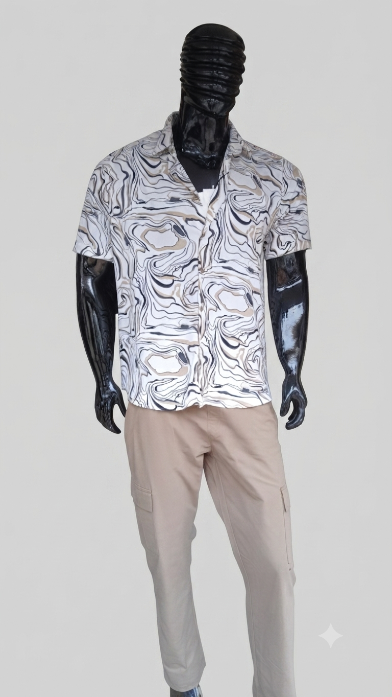 Men's Short-Sleeve Abstract Pattern Shirt and Khaki Cargo Pants Set
