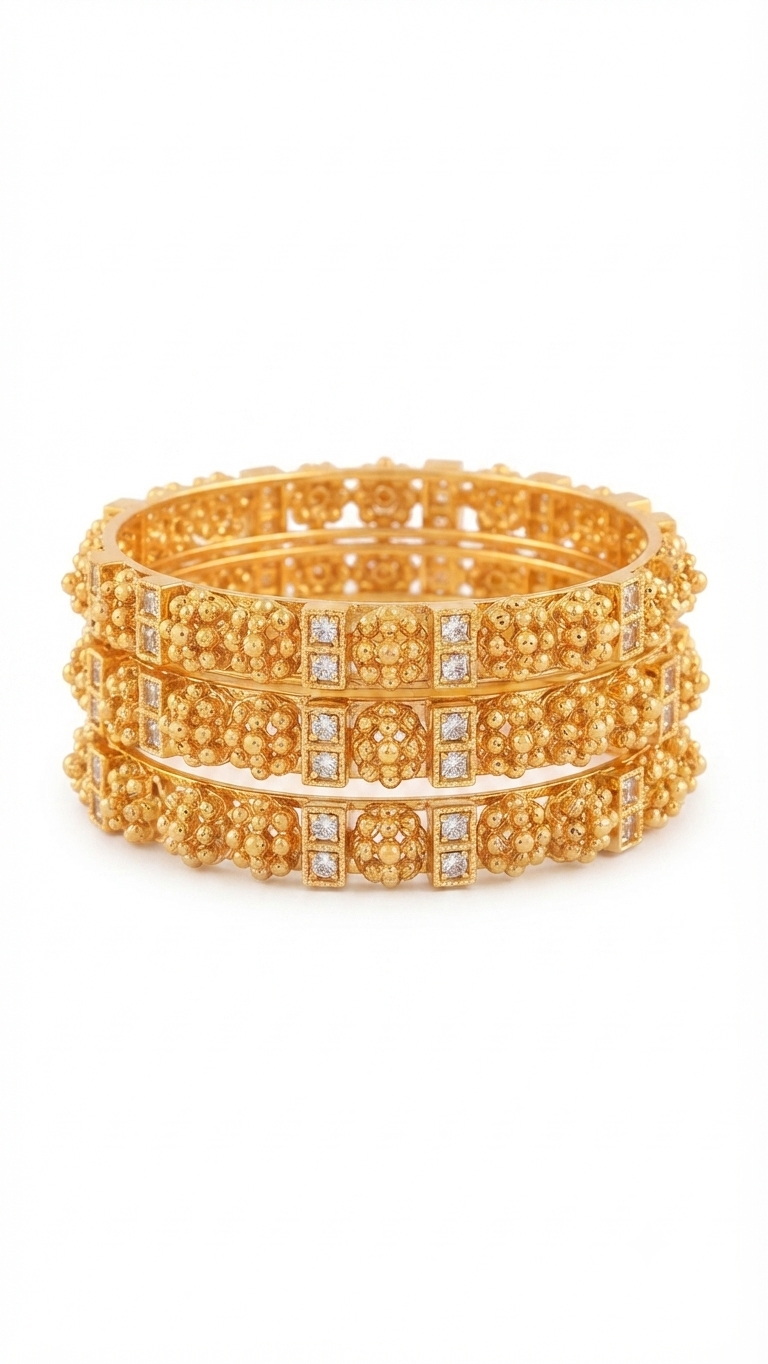 Antique Gold-Plated Beaded and Stone-Studded Indian Bangles