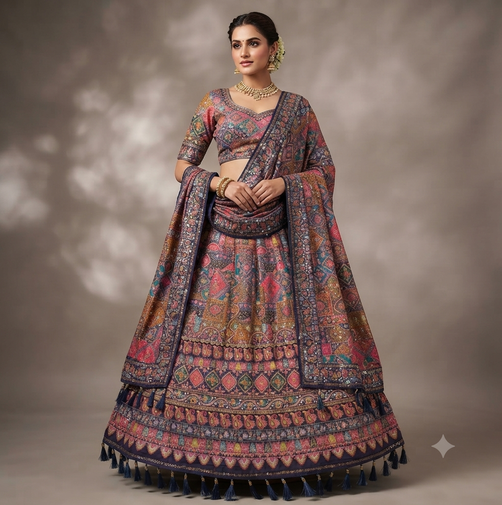 "Multi-Color Patchwork-Print Lehenga Choli with Tassels."