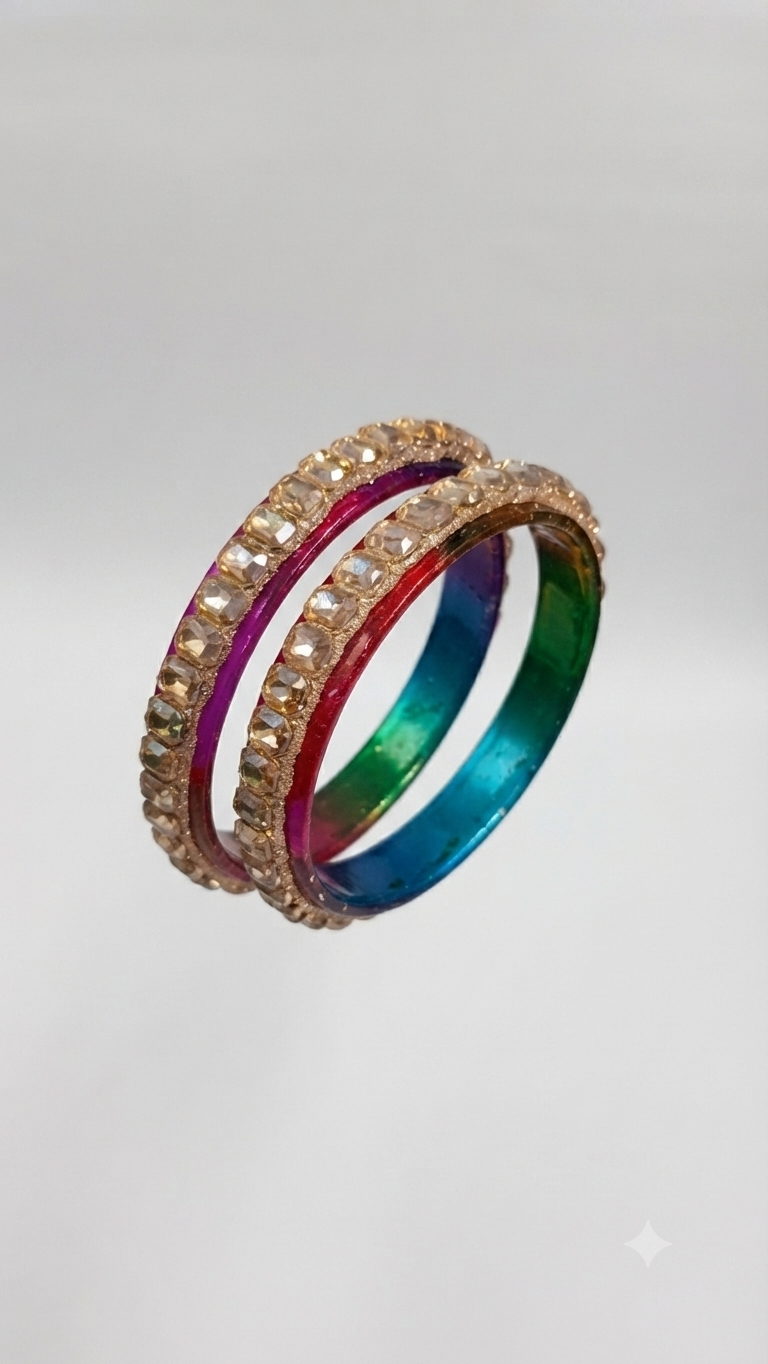 Rainbow Enamel & Crystal Embellished Gold Bangle Set