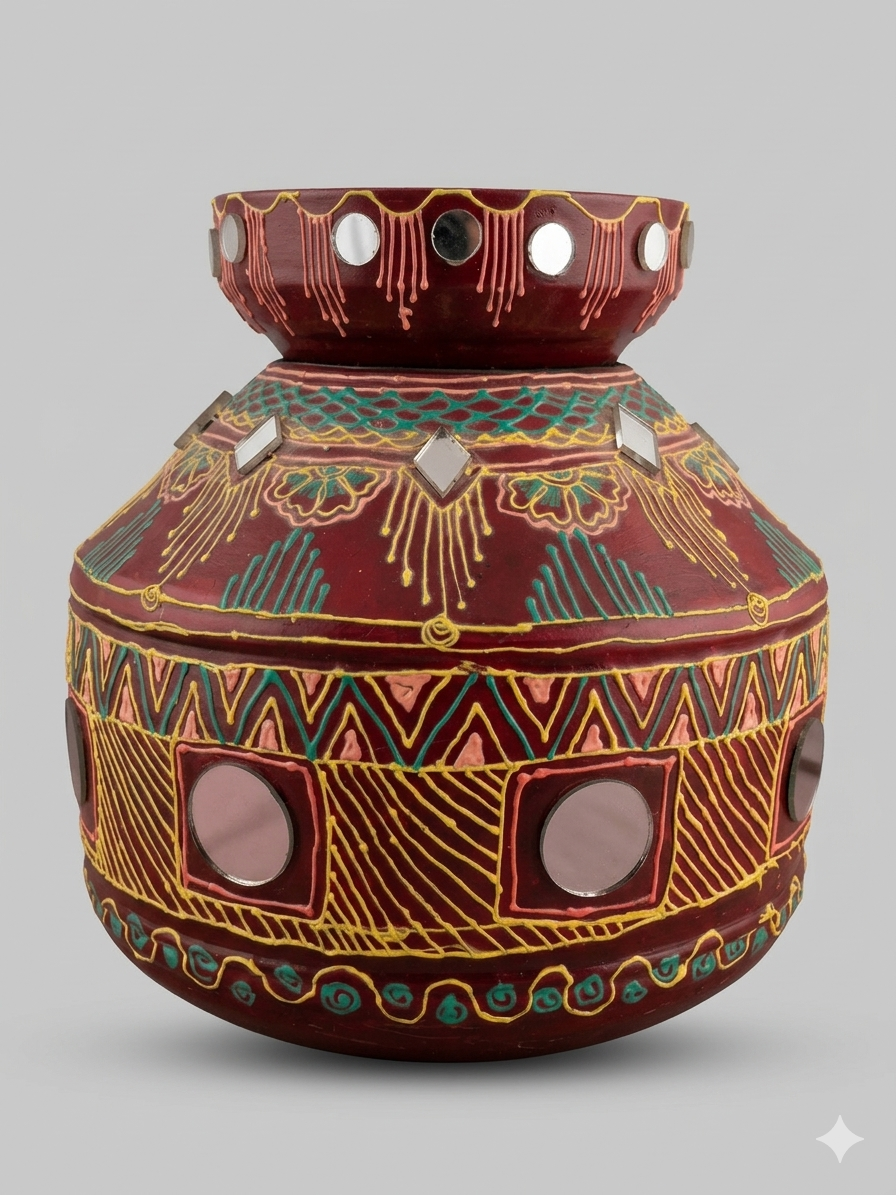 Traditional Hand-Painted Terracotta Pot with Mirror Work