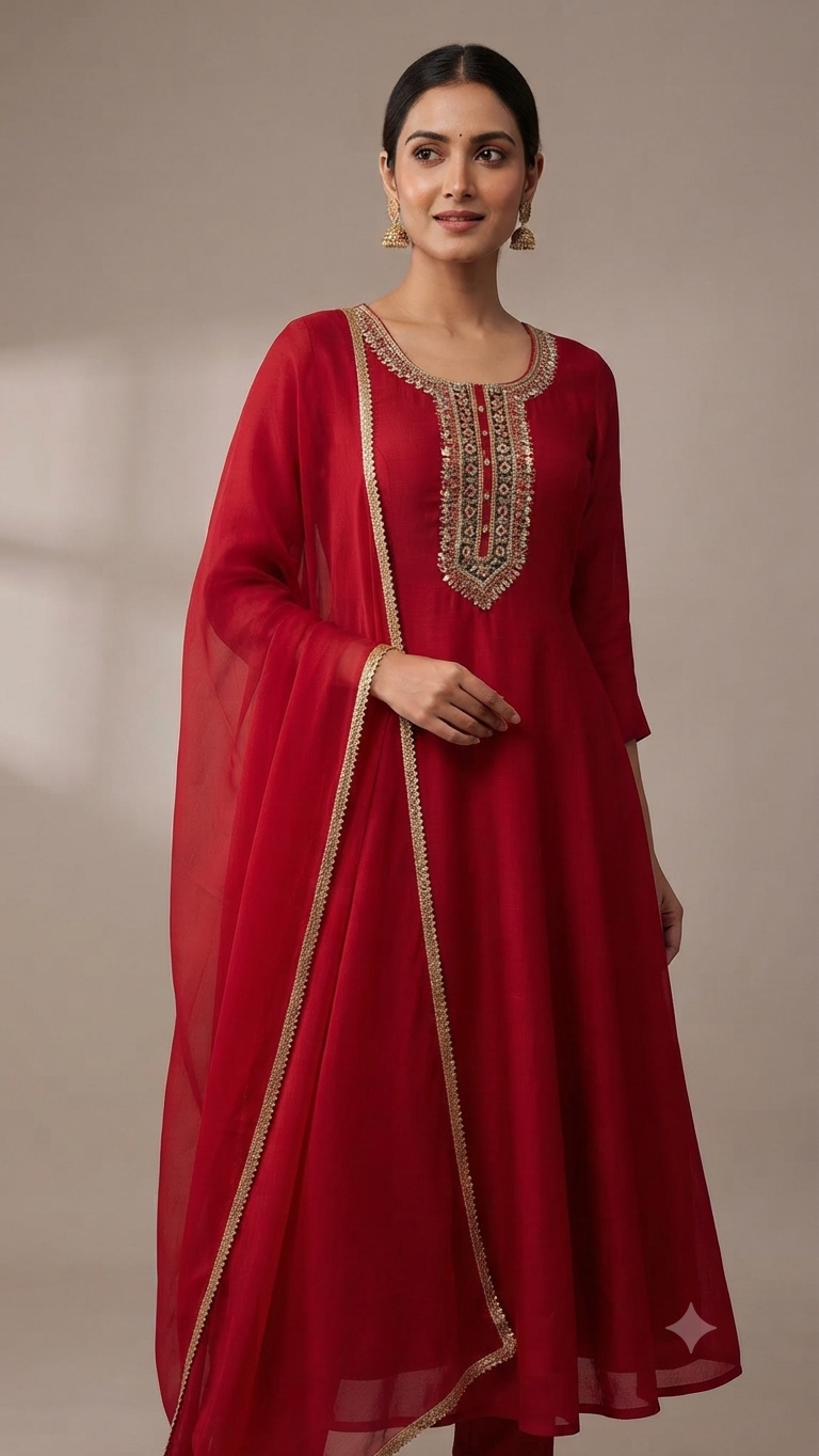 "Ornate Gold-Embroidered Deep Red Anarkali Suit with Dupatta."