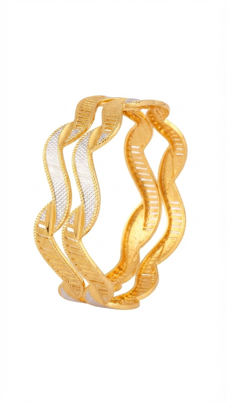 Textured Two-Tone Wavy Gold Bangles