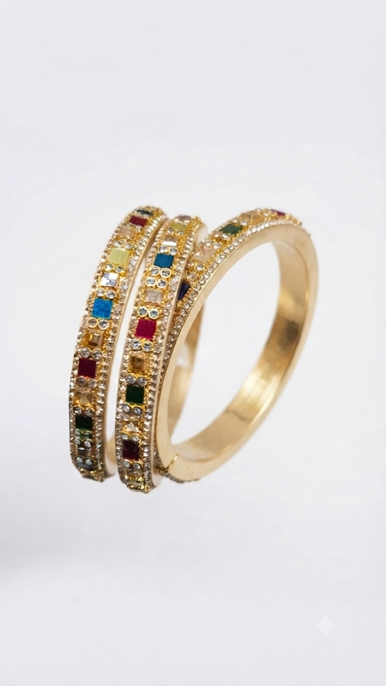 Navratna & Crystal Embellished Gold Bangle Stack