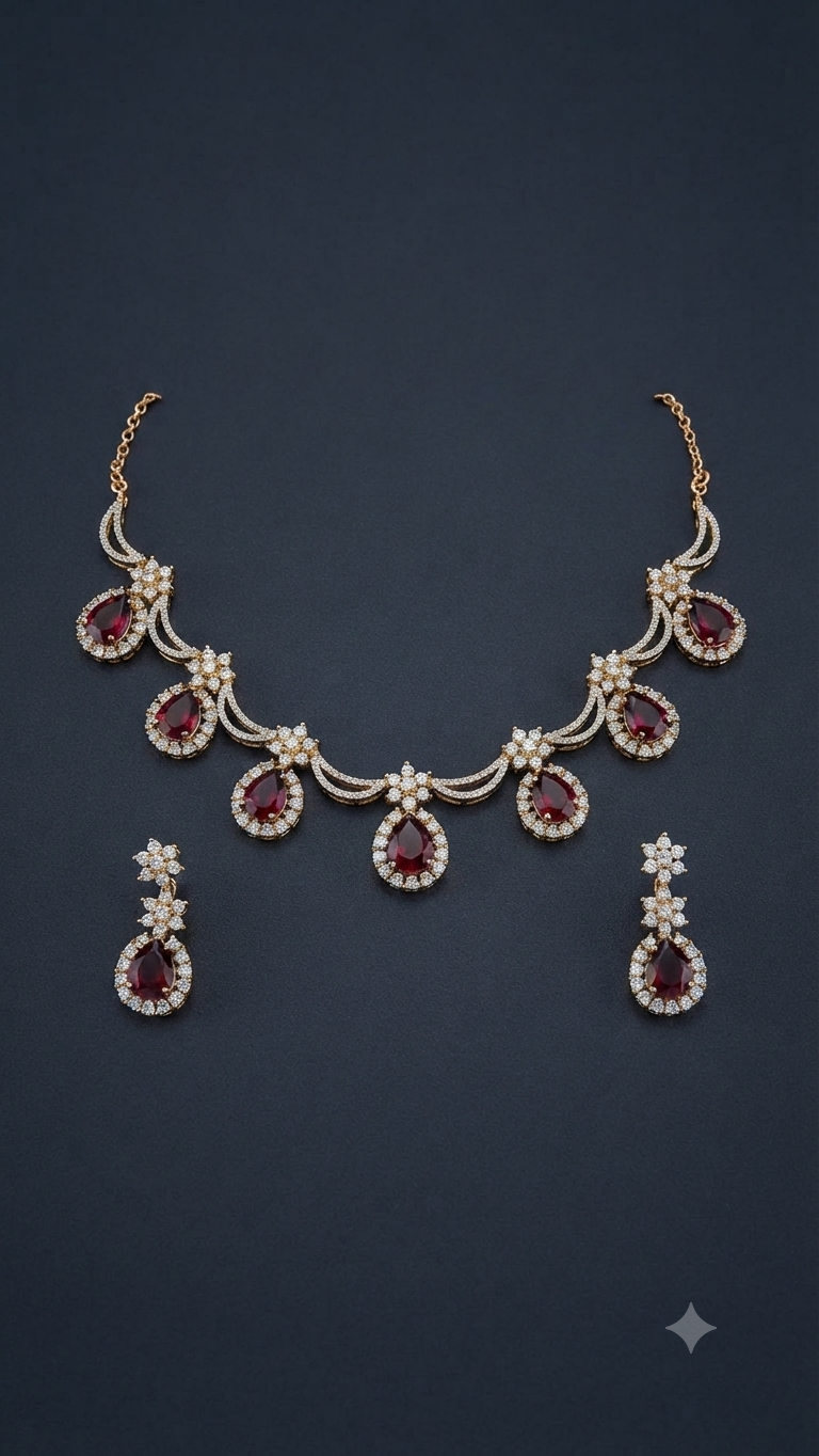 Garnet Glamour" Gold-Plated Ruby-Colored Stone and Crystal Necklace Set