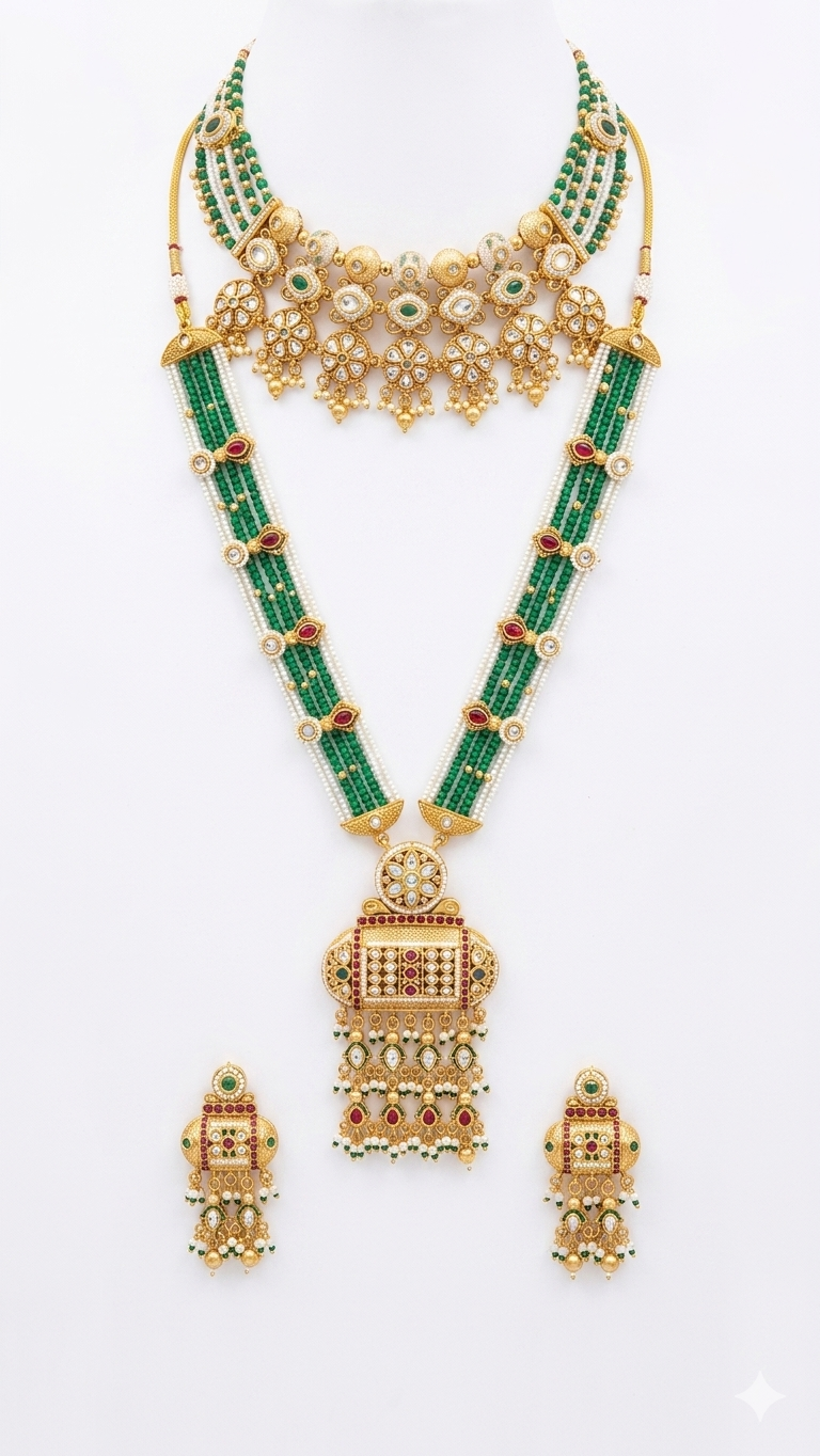Indian Kundan and green bead jewelry set