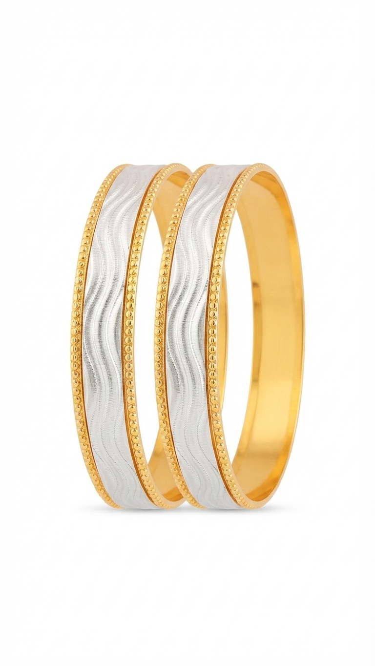 Beaded-Edge Two-Tone Wavy Gold Bangles