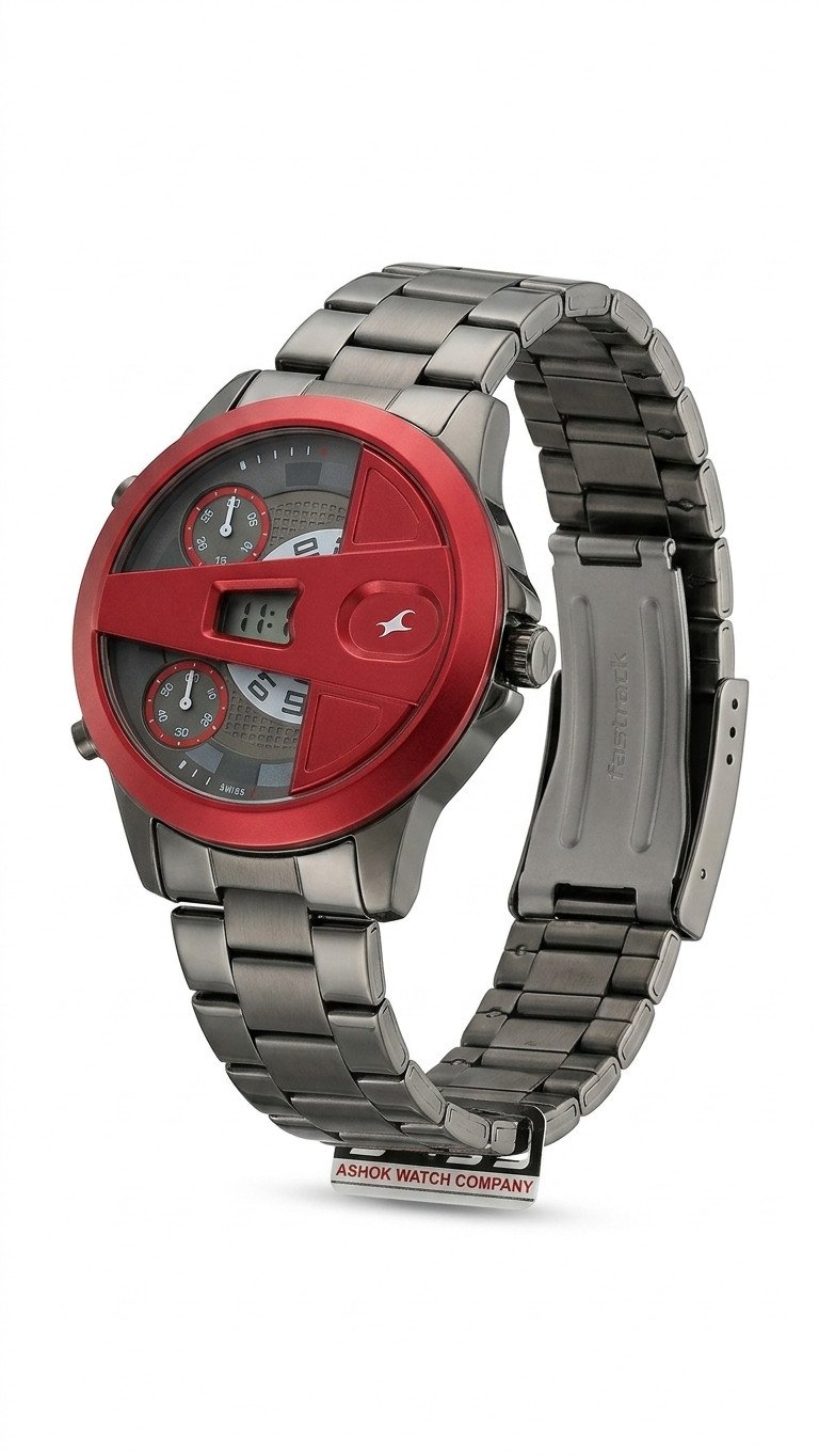 Fastrack 'Red Bridge' Futuristic Gunmetal Dual-Time Watch