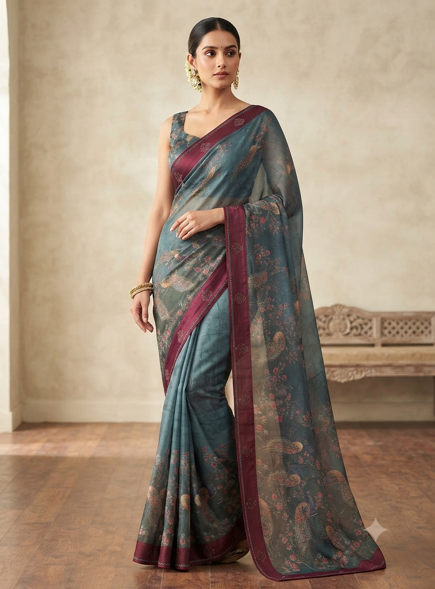 Slate-Blue Peacock Print Organza Saree with Maroon Border
