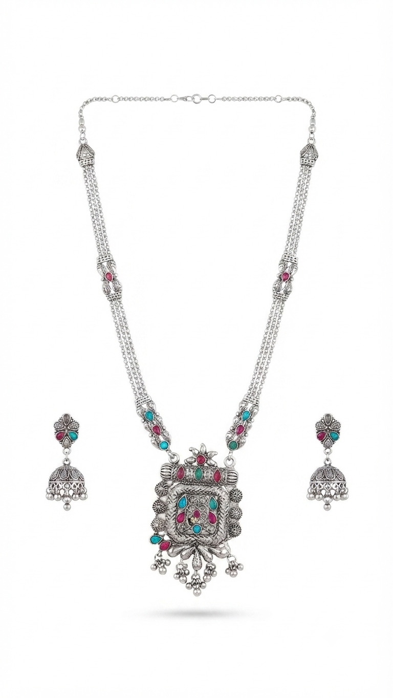 Oxidized Silver-Toned Multi-Color Stone-Studded Necklace and Jhumka Earring Set