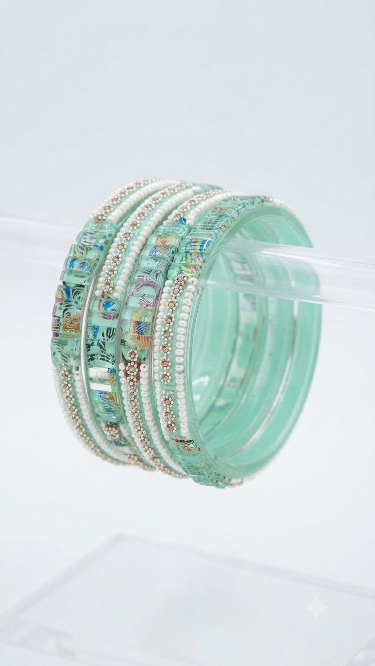 Mint Green Beaded and Patterned Bangle Set