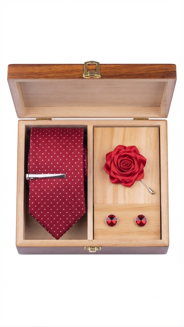 Red Polka-Dot Tie and Accessory Gift Set in Wooden Box