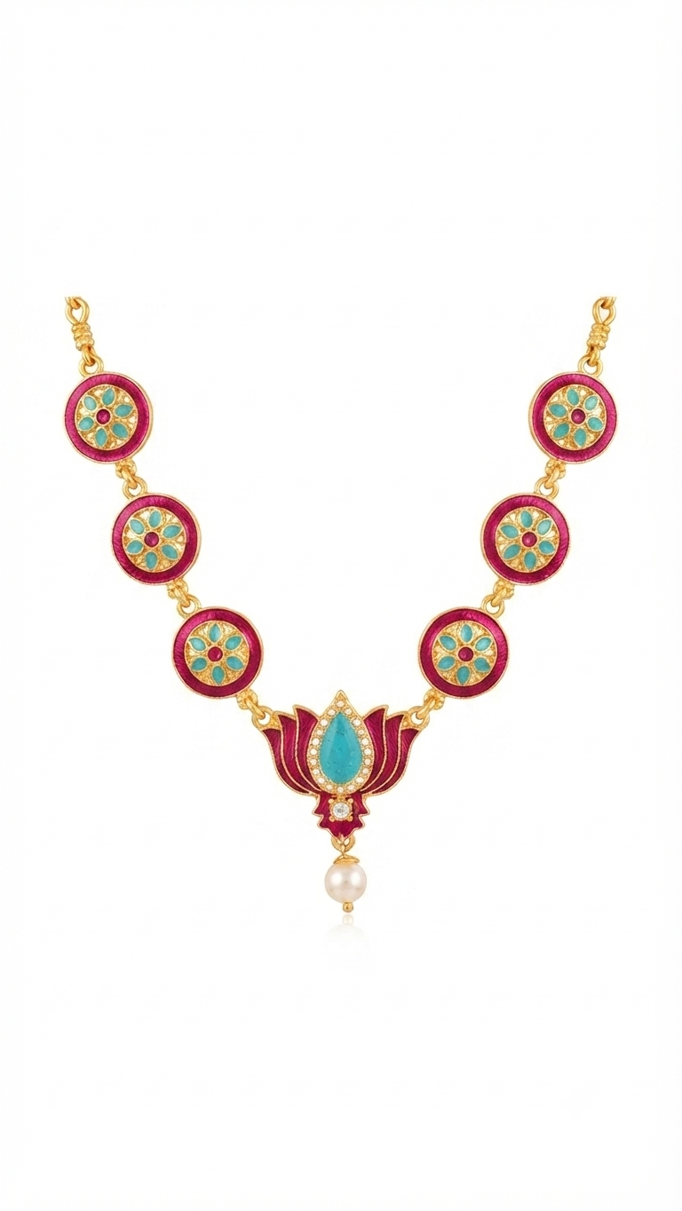 Enamel Lotus and Circular Motif Deity Necklace