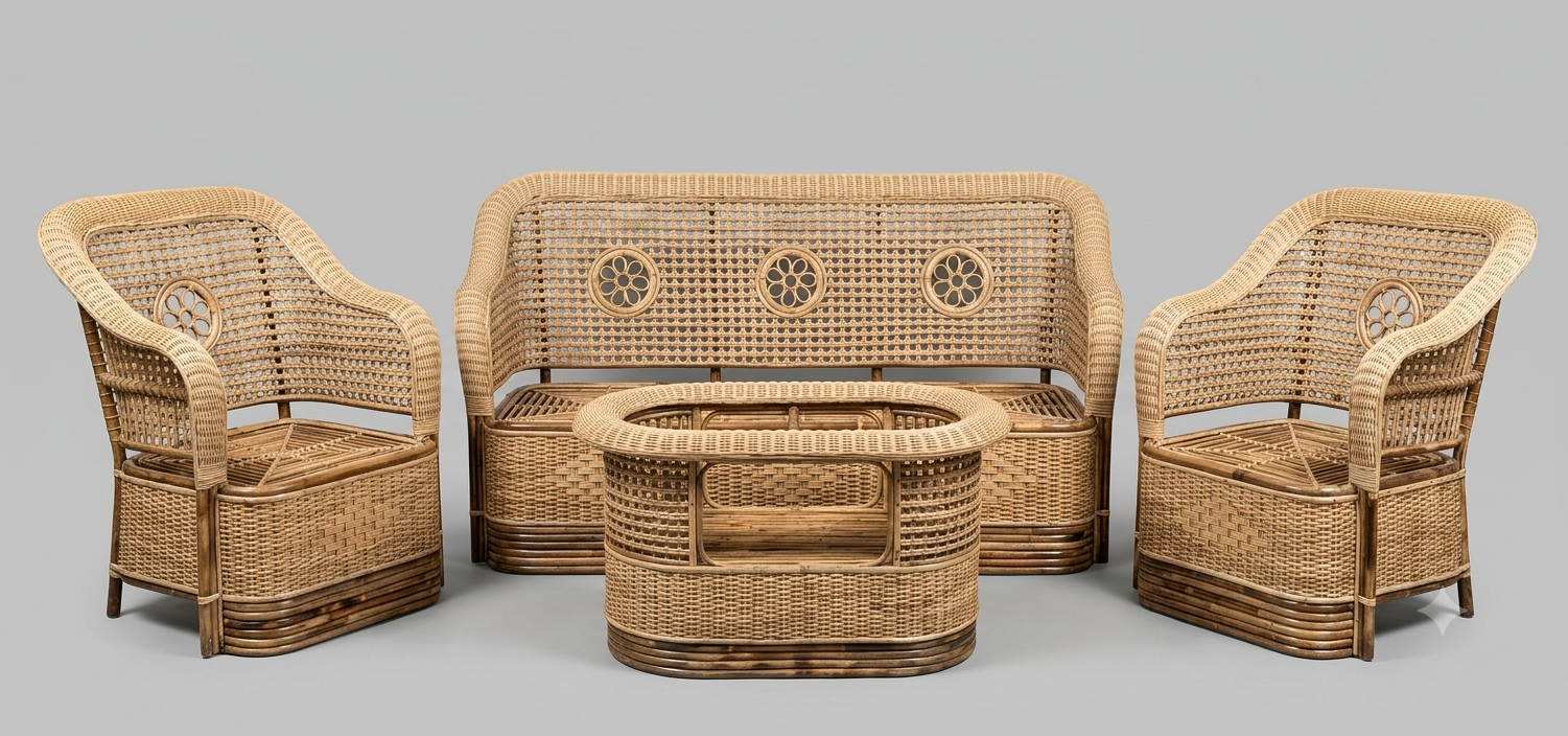 The Medallion Lattice Handwoven Rattan Living Set