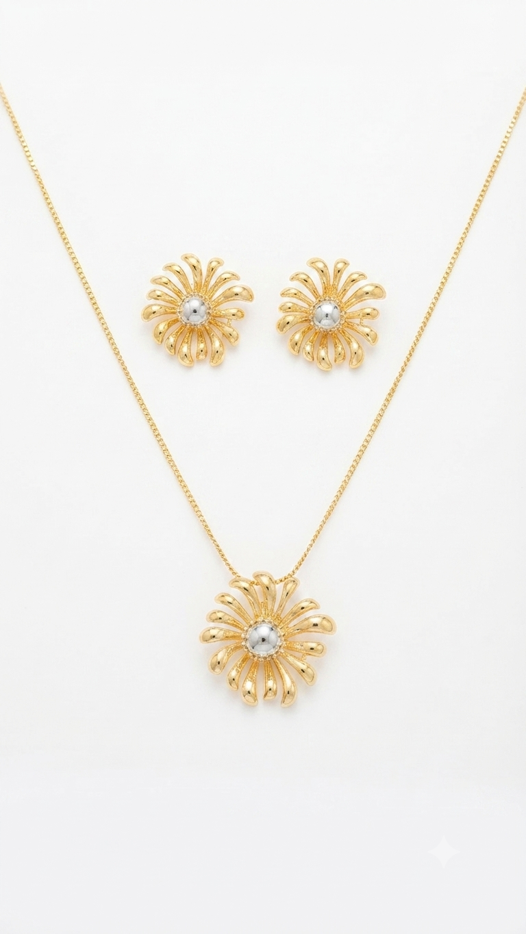 Gold-Tone Sunburst Floral Pendant Necklace and Earring Set