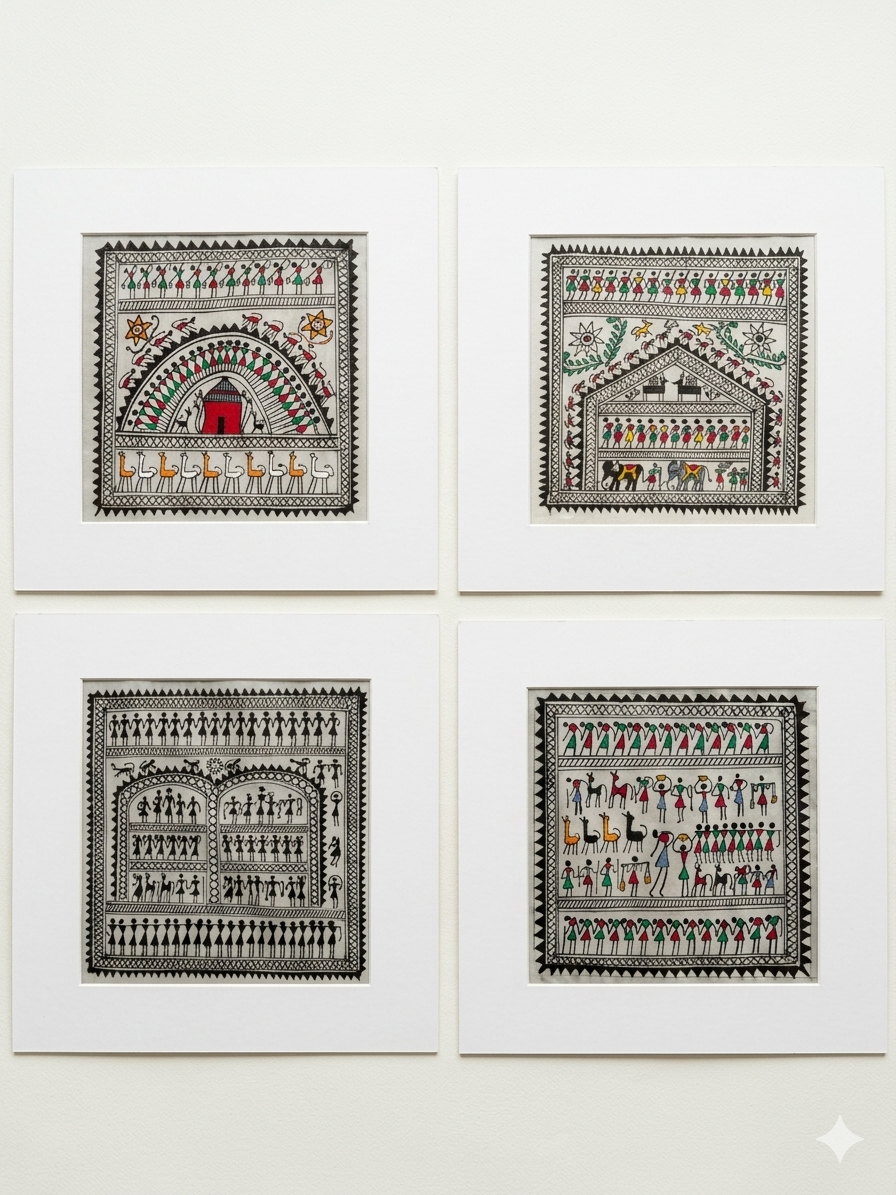 Set of Four Traditional Warli Folk Paintings