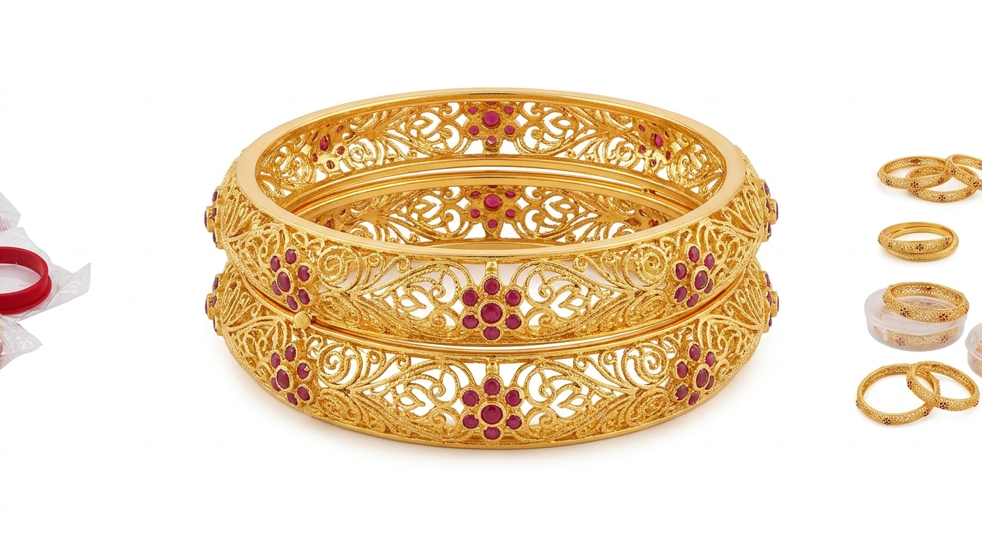 Gold and Ruby Filigree Kada Set