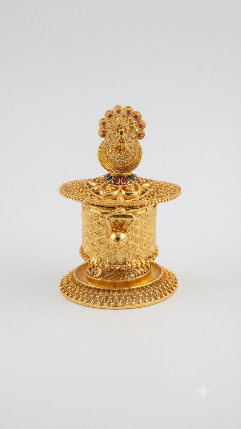 Ornate Gold-Plated Sindoor Box with Peacock Finial