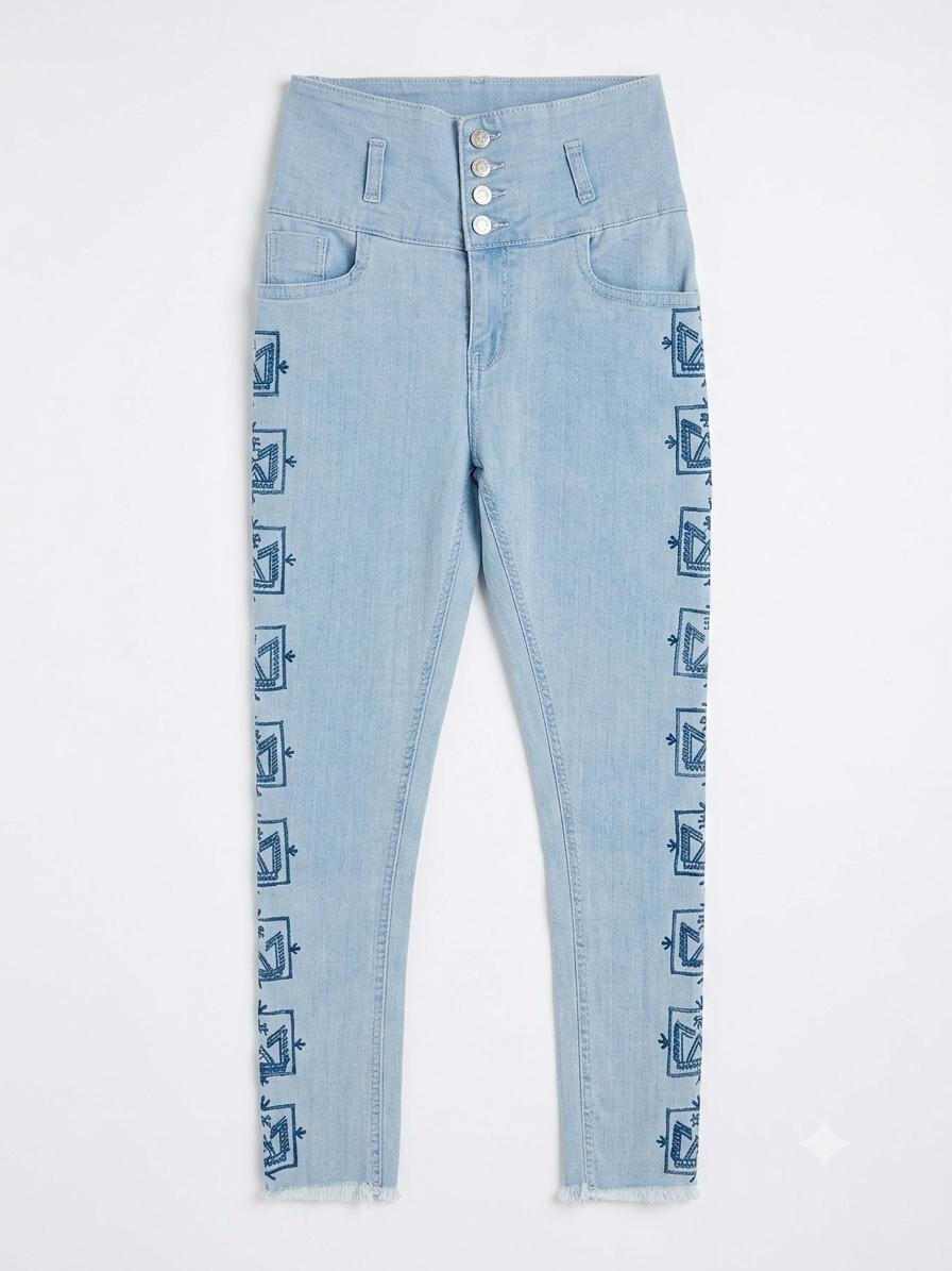 Fusion Tribal-Embroidered High-Waist Denim Jeans
