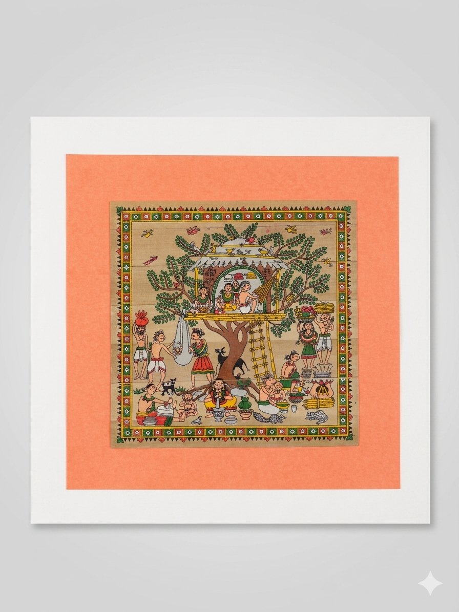 Traditional Madhubani Tree of Life Painting - Community Harvest Scene