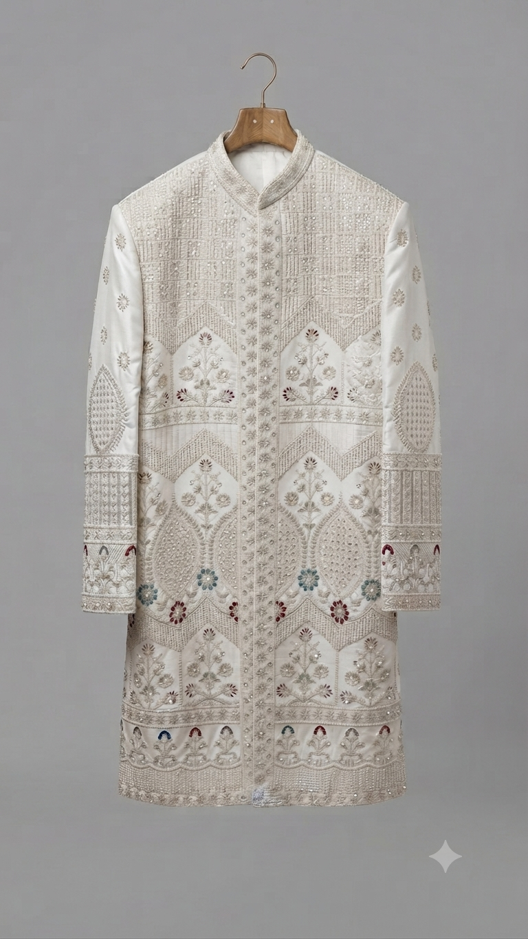 Ivory Resham and Sequin Embroidered Sherwani