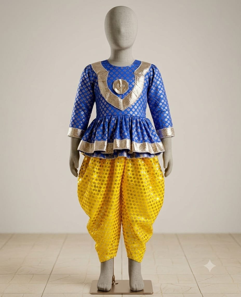 Traditional Royal Blue and Yellow Brocade Krishna Ji Poshak Set
