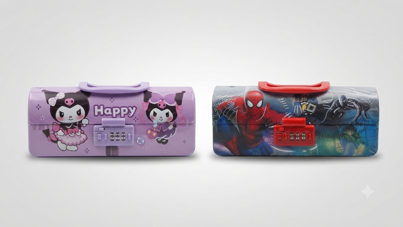 Kids' Character Pencil Boxes with Combination Locks (Kuromi and Spider-Man Designs)
