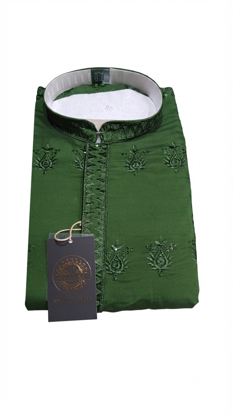 Premium Bottle Green Kurta with Intricate Embroidery and Brand Tag