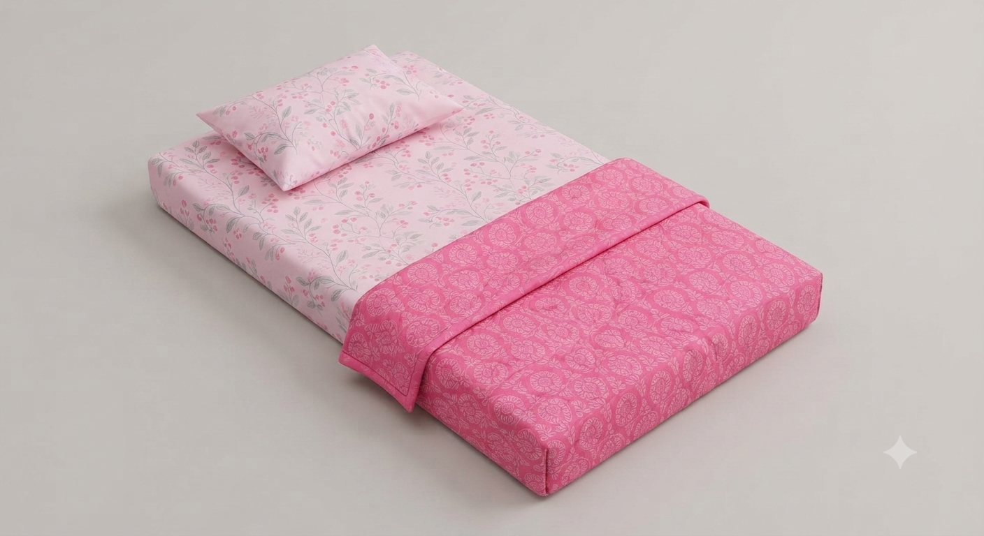 Botanical Print Miniature Deity Bedding Set for Laddu Gopal (Pink & Red)