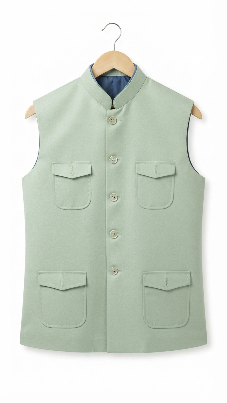 Men's Sage Green Nehru Collar Waistcoat with Four Pockets