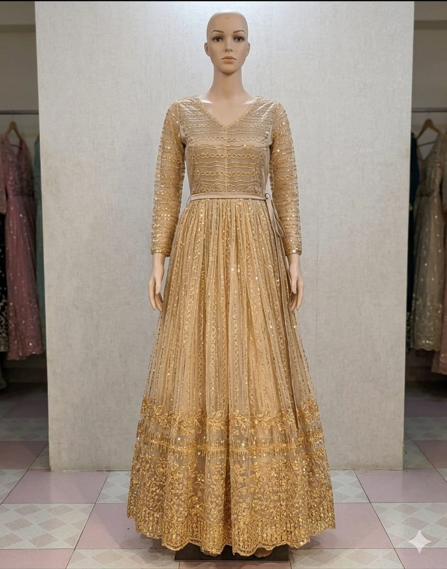 Glamorous Golden Sequin Embellished Long Gown / Anarkali Dress (Available on Rent)
