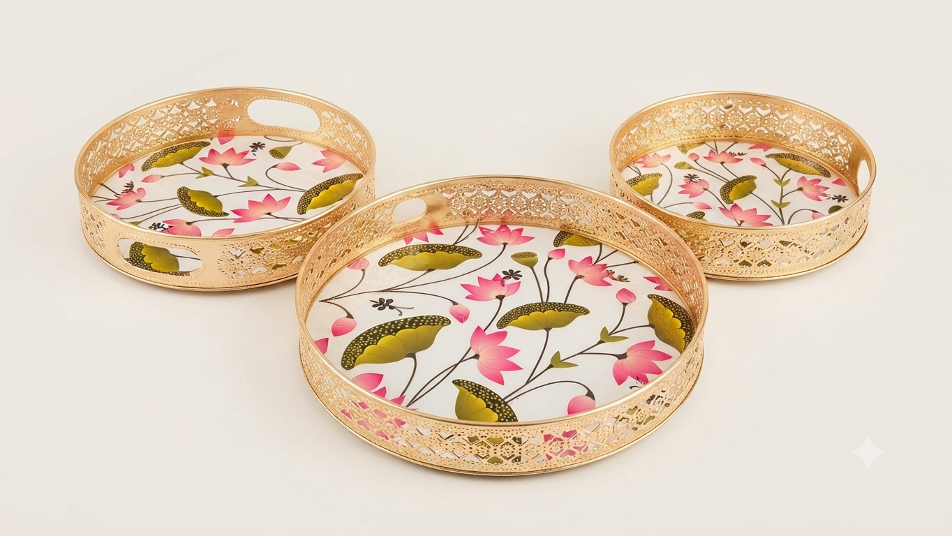 Lotus Bloom Ornate Gold Nesting Tray Set