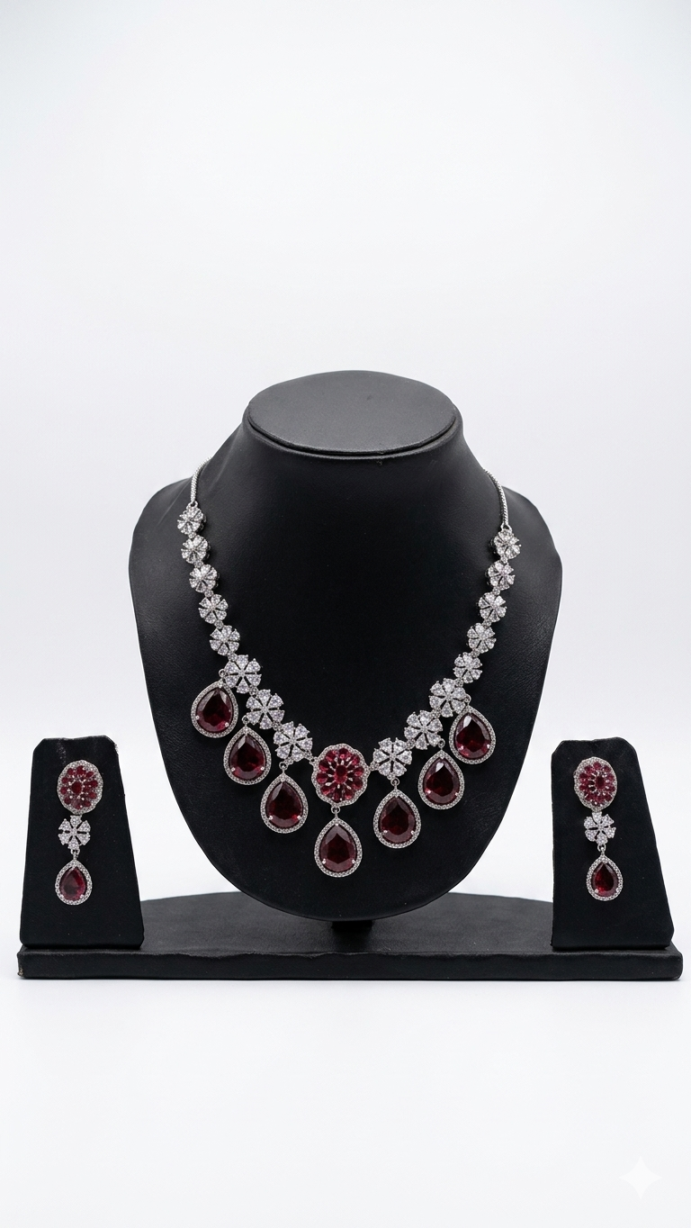 The Ruby-Toned Teardrop Floral Silver Jewelry Set