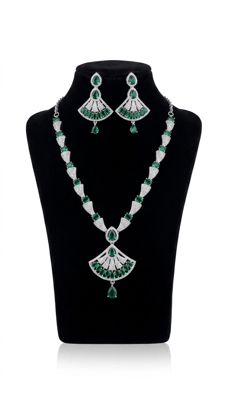 Art Deco Inspired Emerald and Diamond Necklace and Earring Set