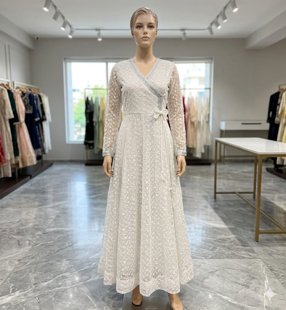 Graceful White Angrakha-Style Embroidered Long Gown / Party Wear Dress (Available on Rent)