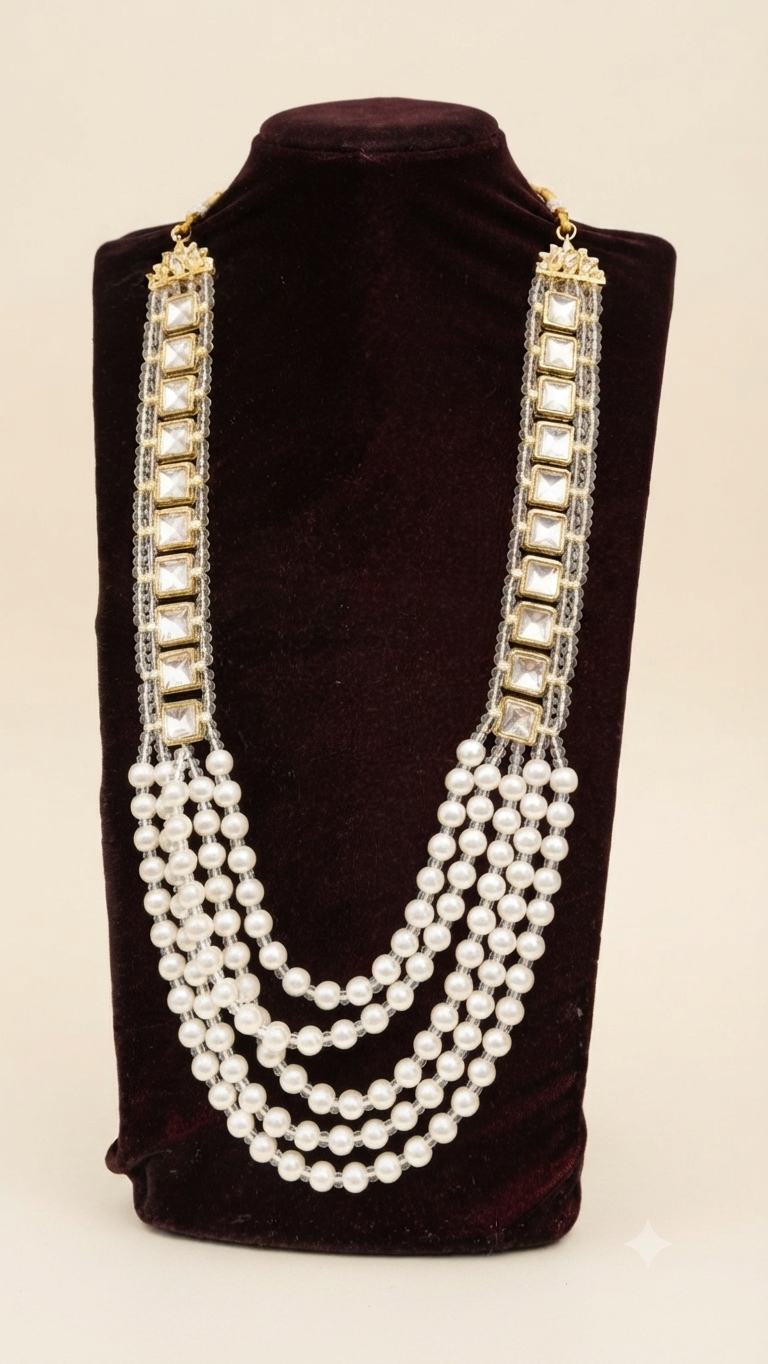 Multi-strand Pearl and Kundan Long Necklace Set