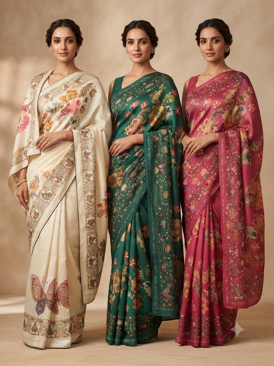 The Serenity Bloom Collection: Floral and Butterfly Silk Sarees with Diverse Borders