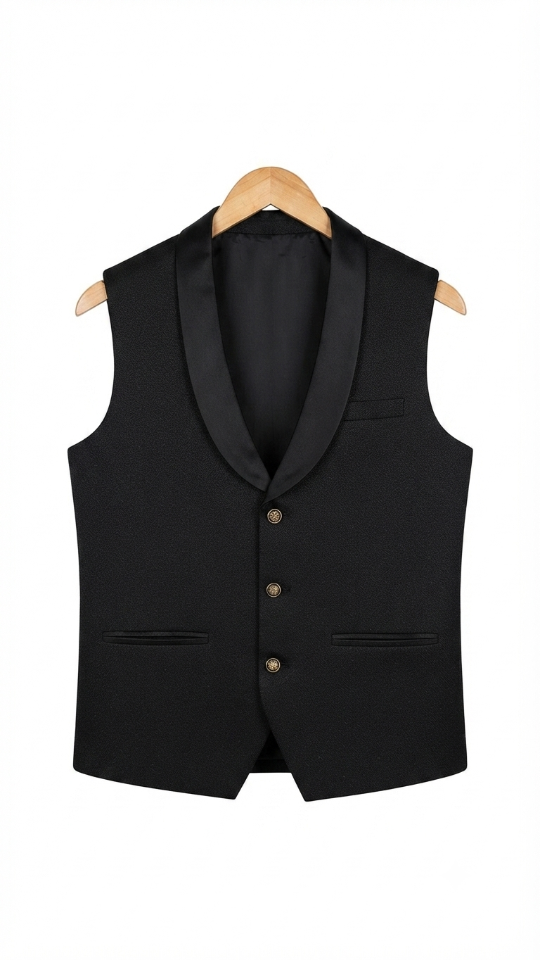 Men's Black Textured Shawl Lapel Waistcoat
