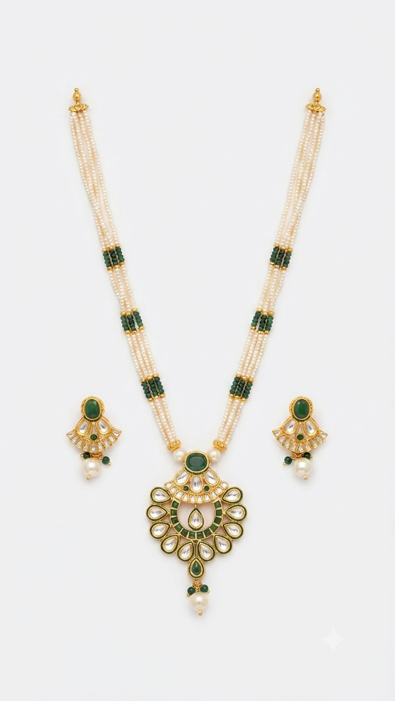 Gold-Tone Kundan and Emerald-Studded Multi-Strand Necklace and Earring Set