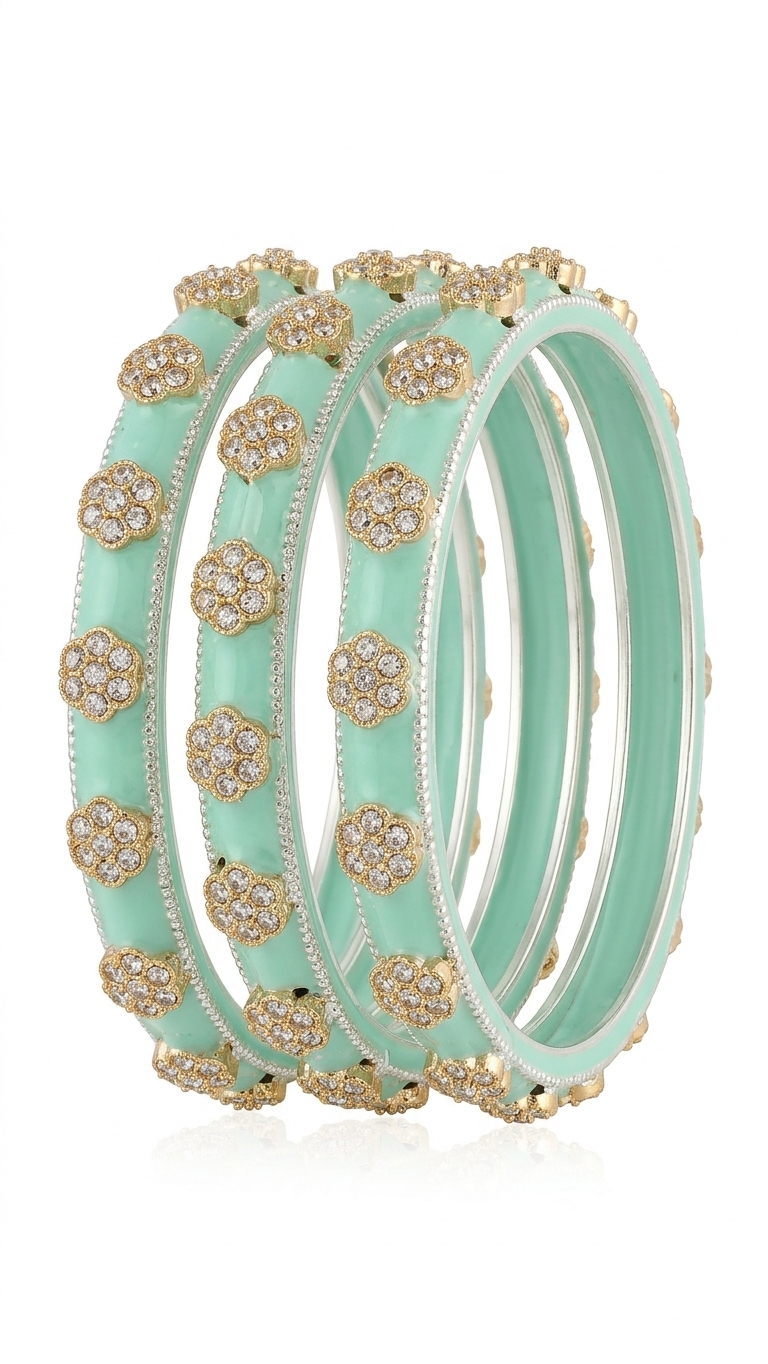 Mint Enamel & Kundan Stone Floral Bangle Set