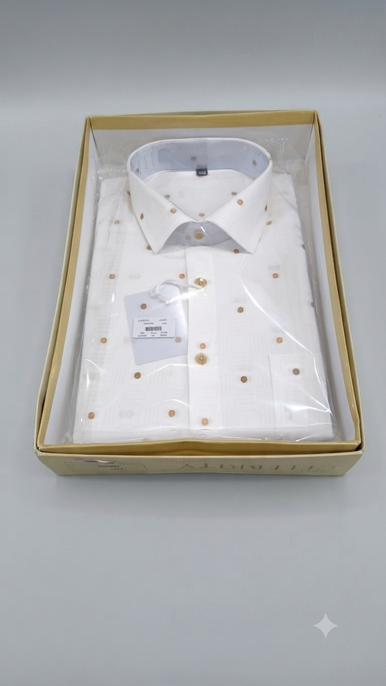 Celebrity Men's White Dress Shirt with Gold Polka Dot Print