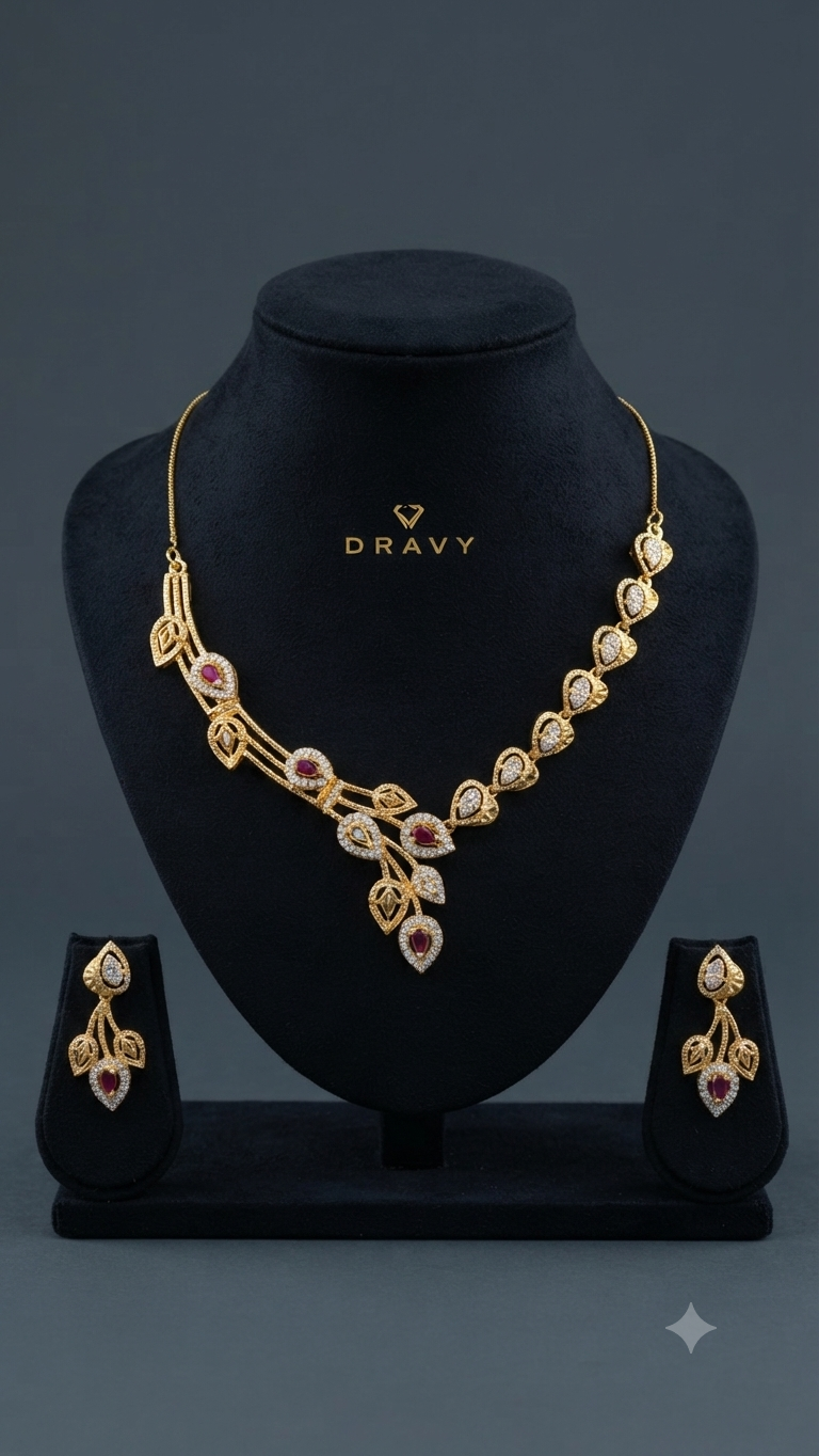 Dravy Gold-Plated Ruby and American Diamond Leaf-Cluster Jewelry Set