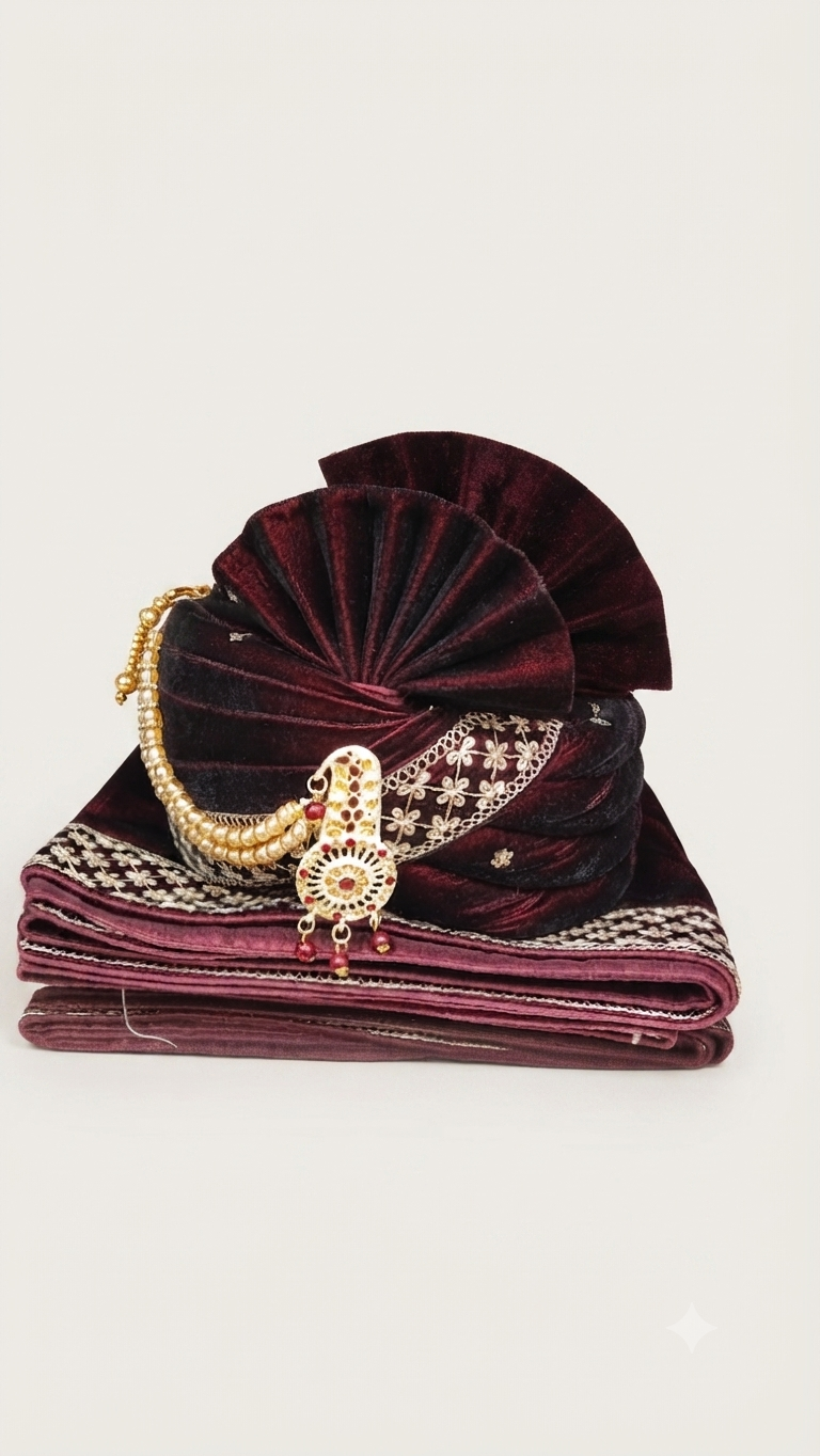 maroon velvet groom's turban (pagri) and dupatta