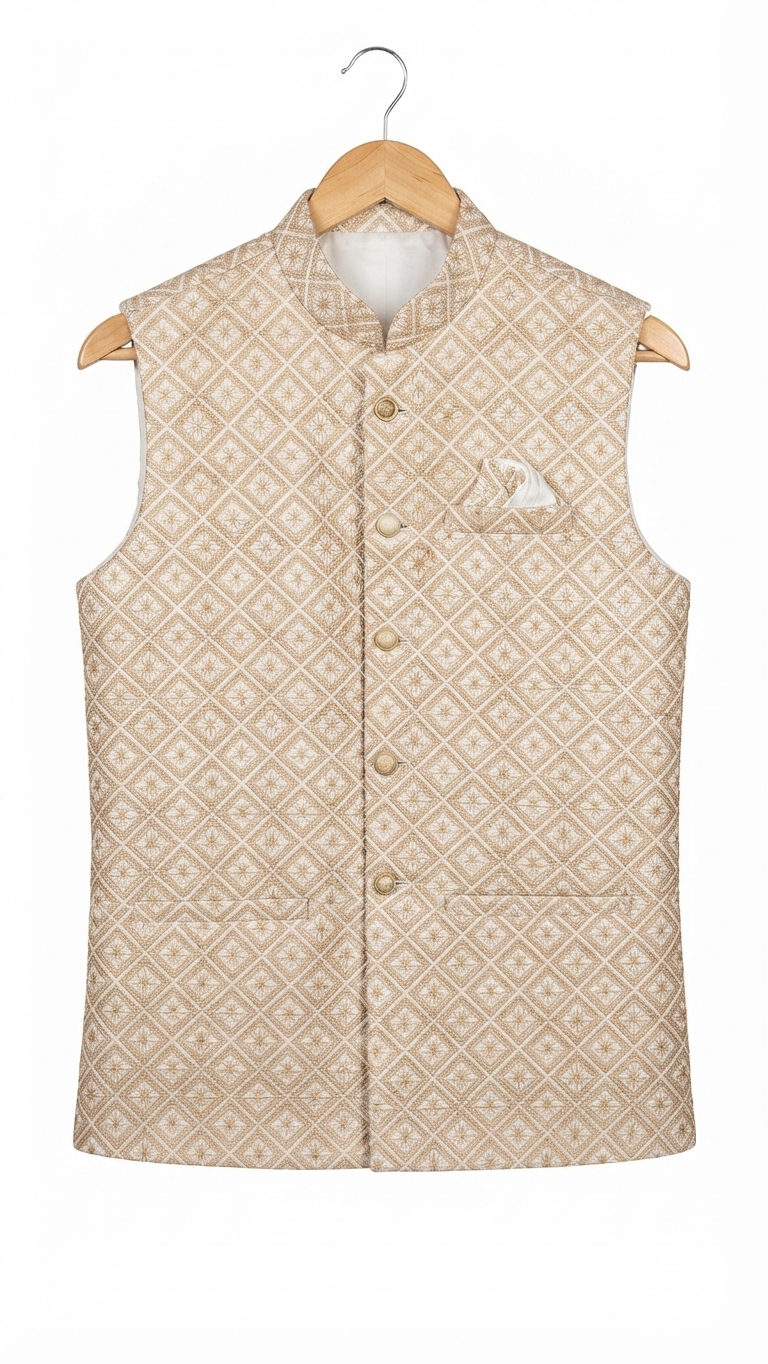 Men's Beige and Gold Woven Geometric Nehru Waistcoat with Pocket Square