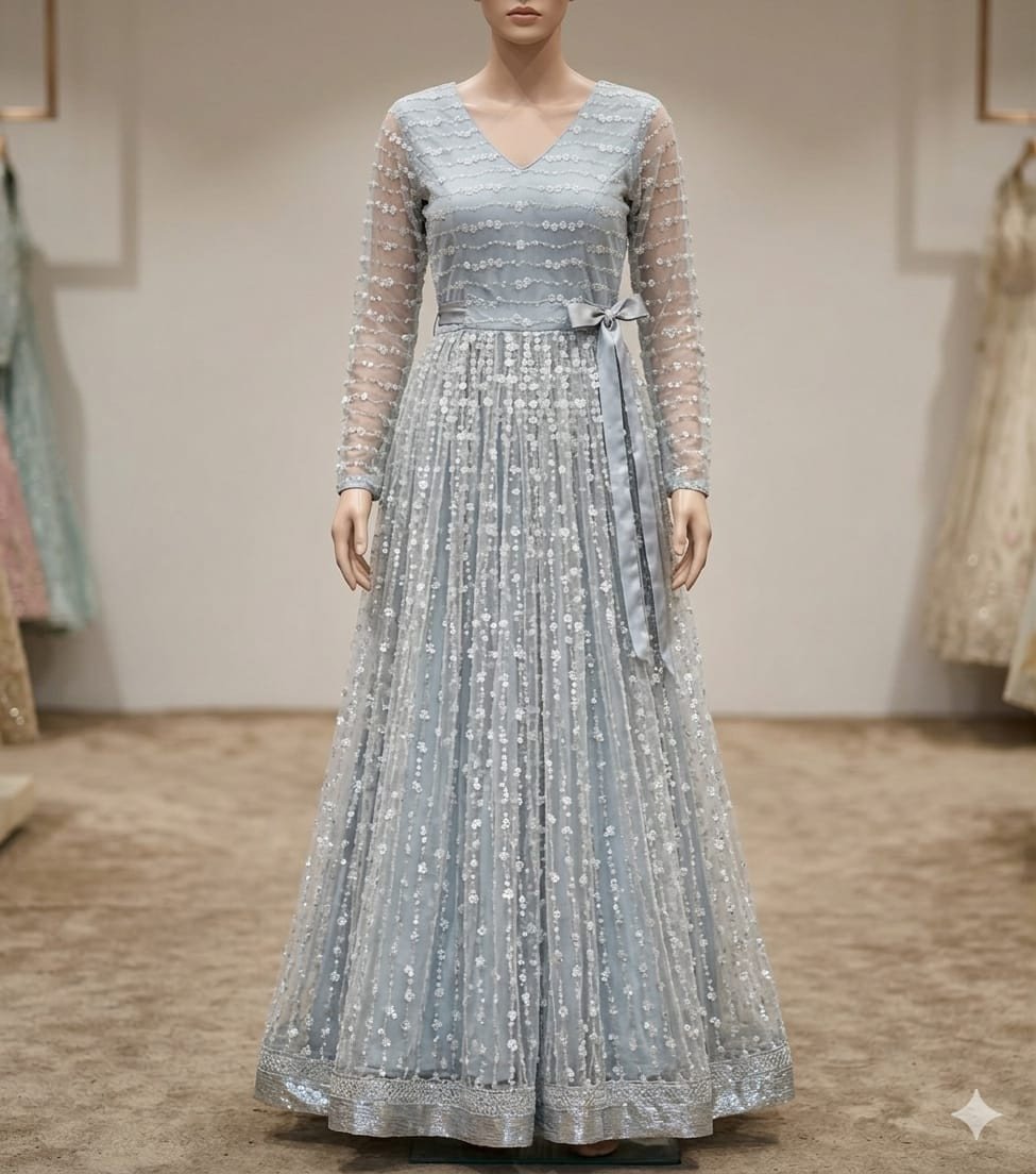 Ethereal Ice Blue Embellished Long Gown / Party Wear Dress (Available on Rent)