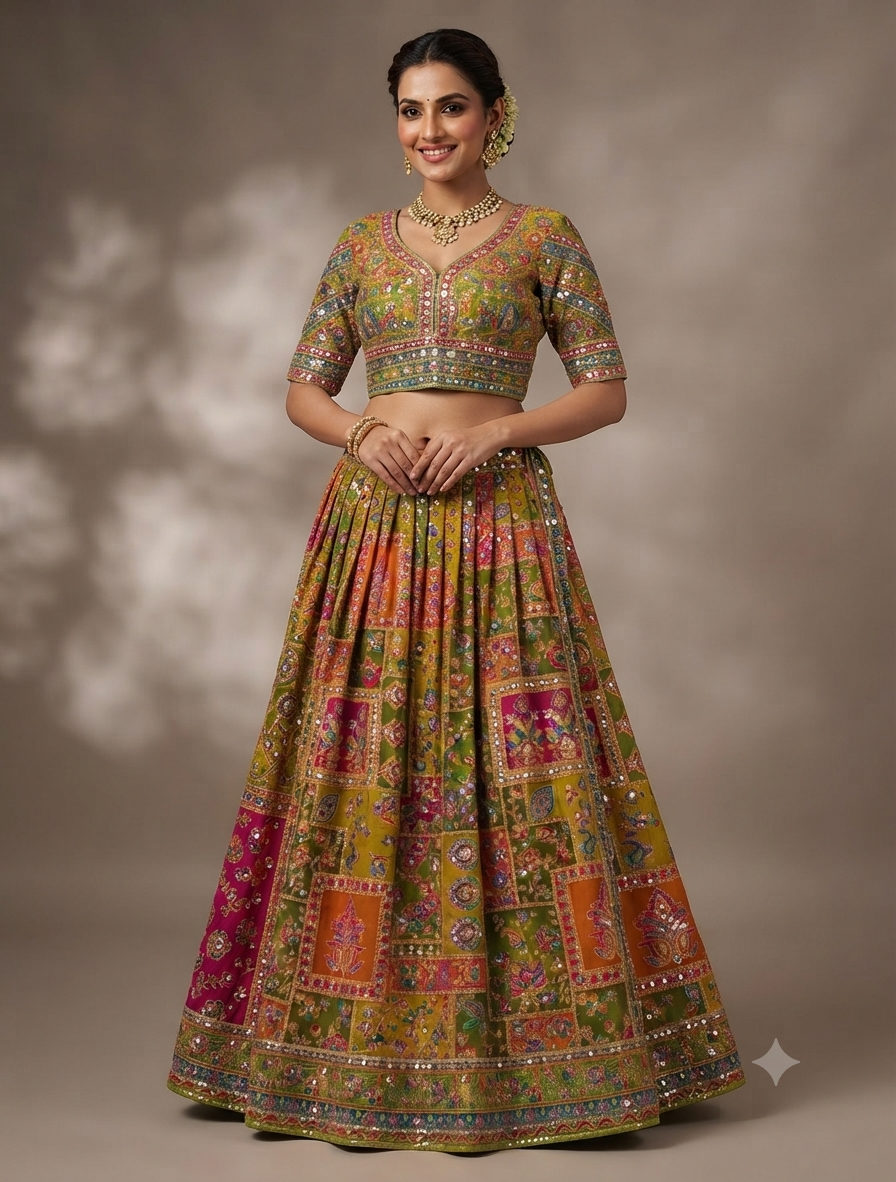 "Patchwork-Style Multi-Color Embroidered Lehenga Choli."