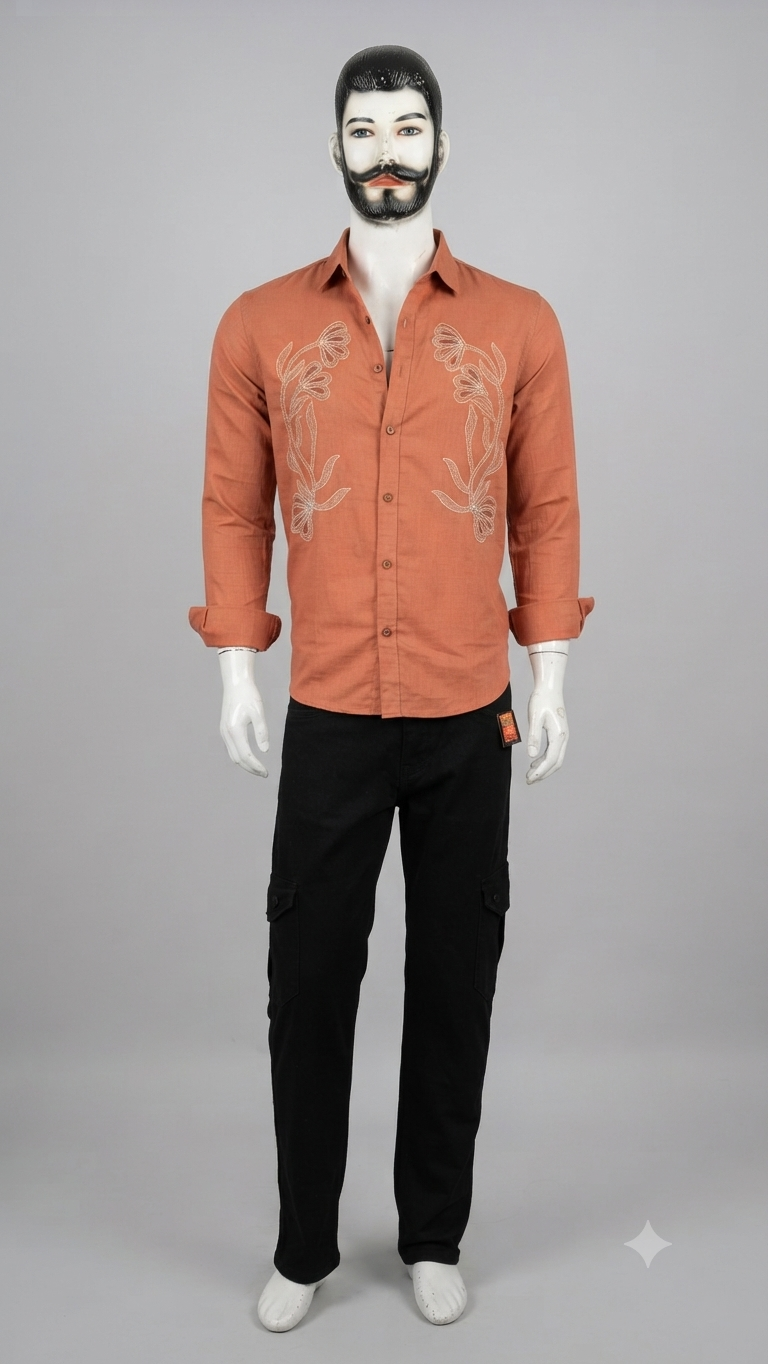embroidered casual shirt paired with cargo pants.